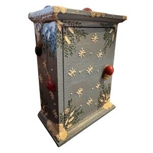 Hand Painted Mini Two Doors Christmas Jewelry, Trinket Box Wood Cabinet 8.5”